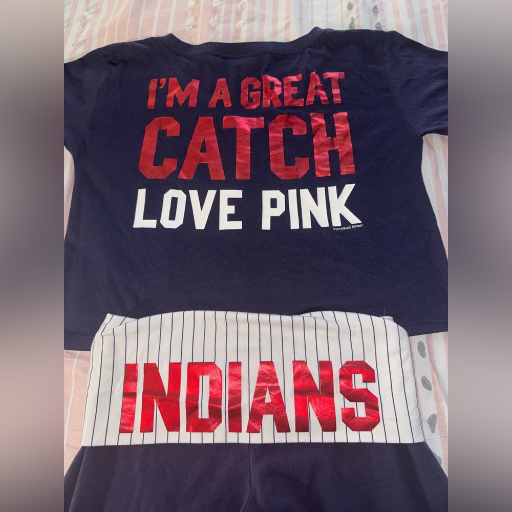 RARE PINK Victoria's Secret CLEVELAND INDIANS BLING Crop Top &  foldover yogas